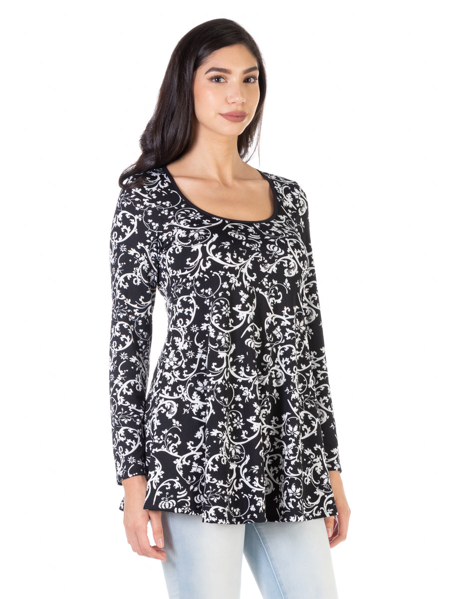 Essential Womens Floral Black Long Sleeve Tunic Top