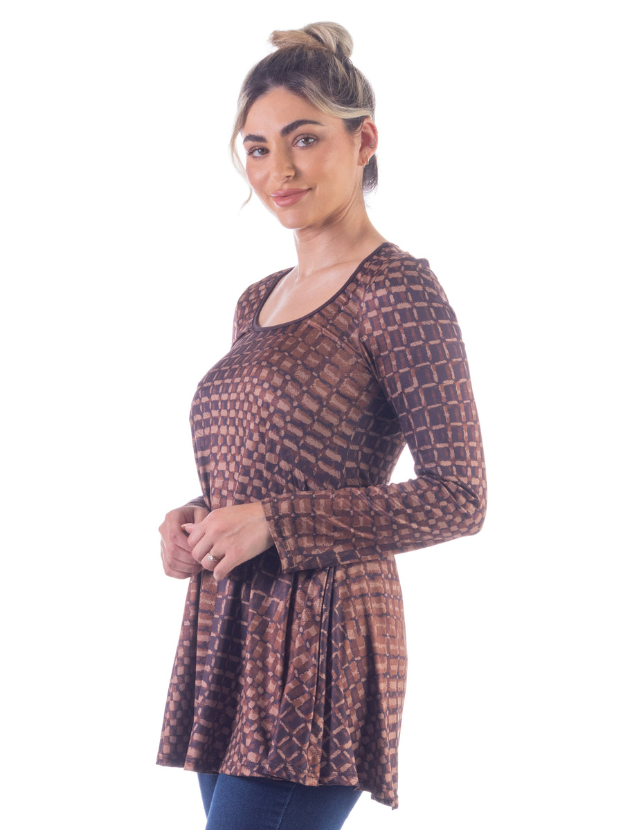 Essential Womens Brown Scoop Neck Long Sleeve Tunic Top