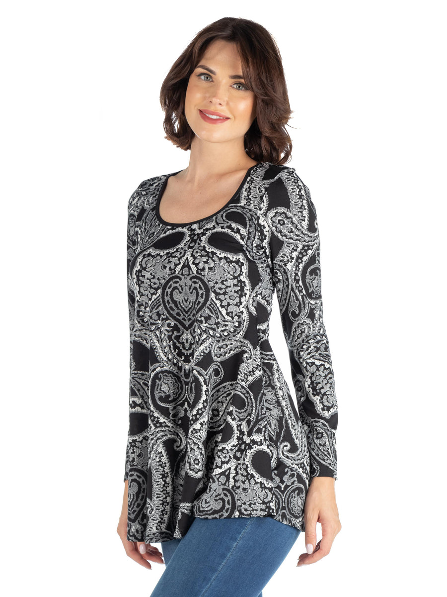 Essential Womens Black Paisley Long Sleeve Tunic Top