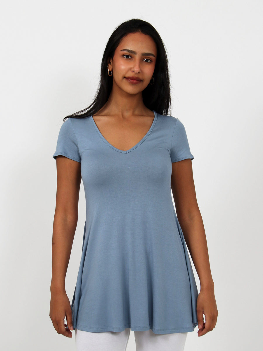 Basic Womens Short Sleeve V Neck Swing Style Tunic Top