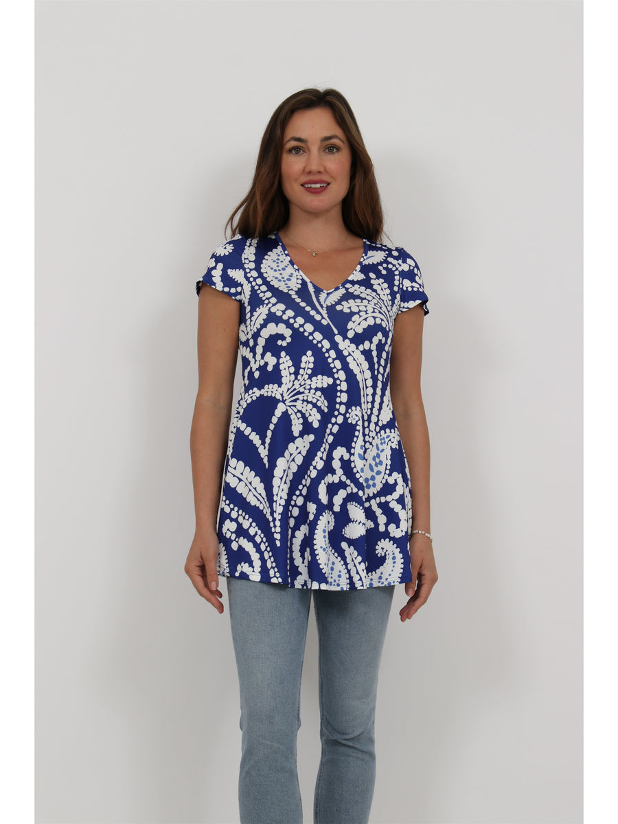 Essential Womens Paisley Print V Neck Short Sleeve Flared Tunic Top
