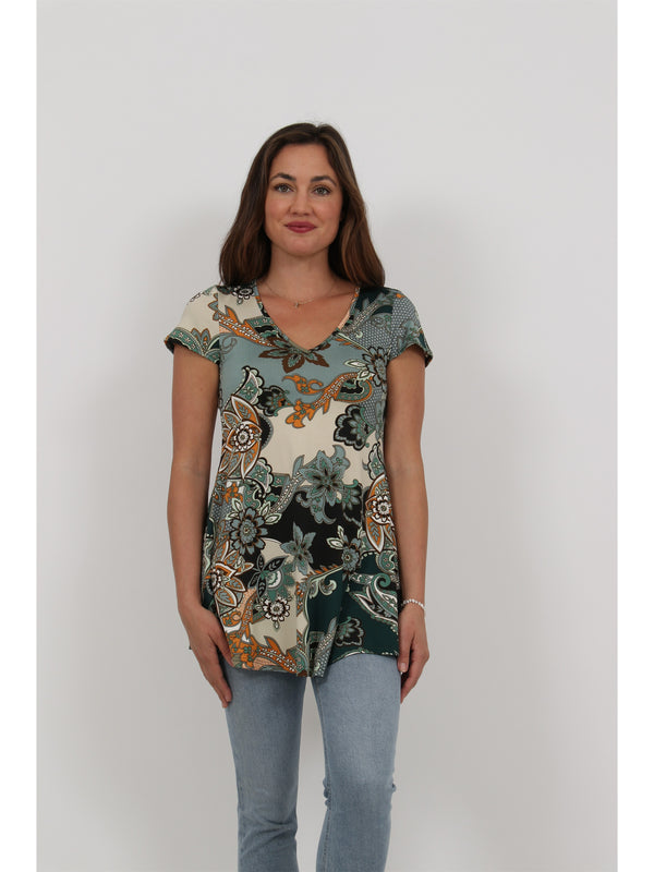 Essential Womens Floral Print V Neck Short Sleeve Flared Tunic Top