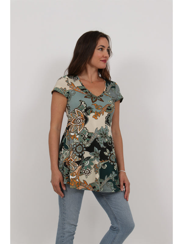 Essential Womens Floral Print V Neck Short Sleeve Flared Tunic Top