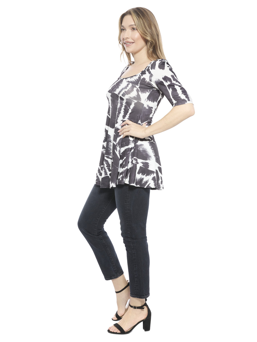 Essential Womens Abstract Scoop Neck Elbow Sleeve Tunic Top