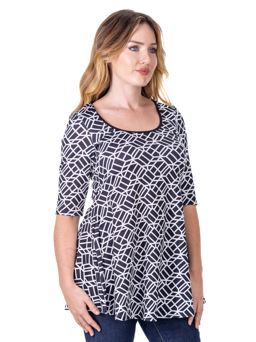 Essential Womens Black Geometric Print Elbow Sleeve Casual Tunic Top