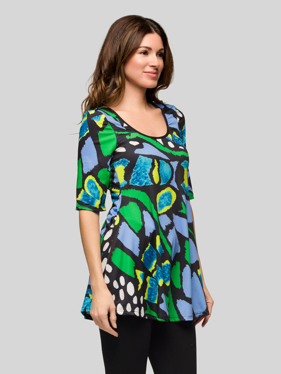 Essential Womens Blue Butterfly Print Elbow Sleeve Casual Tunic Top