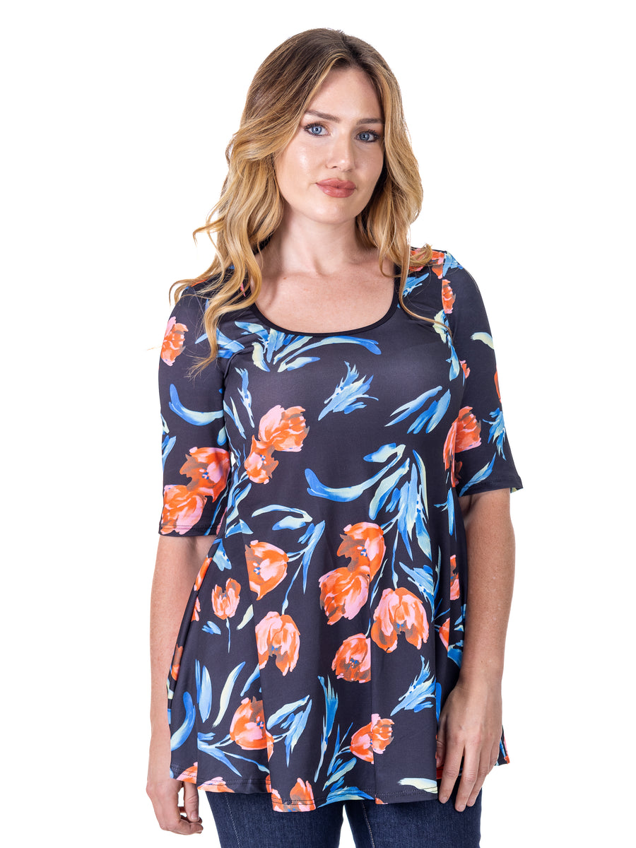 Essential Womens Black Tulip Print Elbow Sleeve Casual Tunic Top
