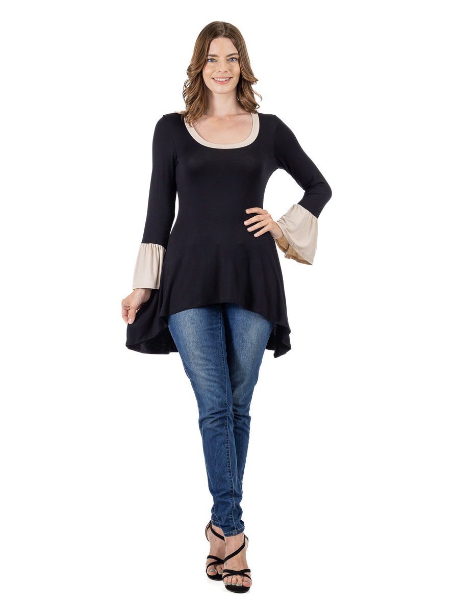 Essential Womens Black and Beige Bell Sleeve Hi Low Tunic Top