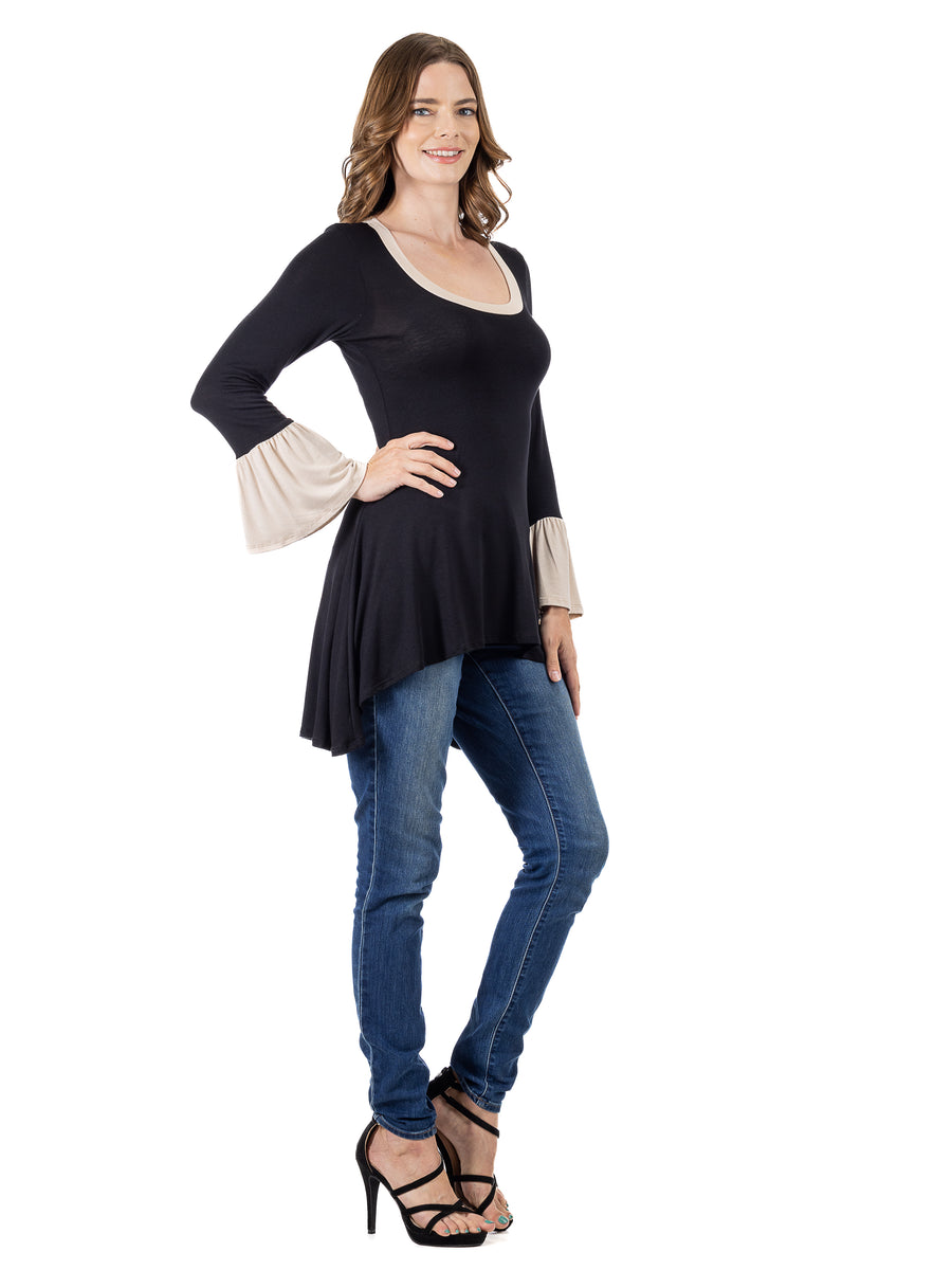 Essential Womens Black and Beige Bell Sleeve Hi Low Tunic Top