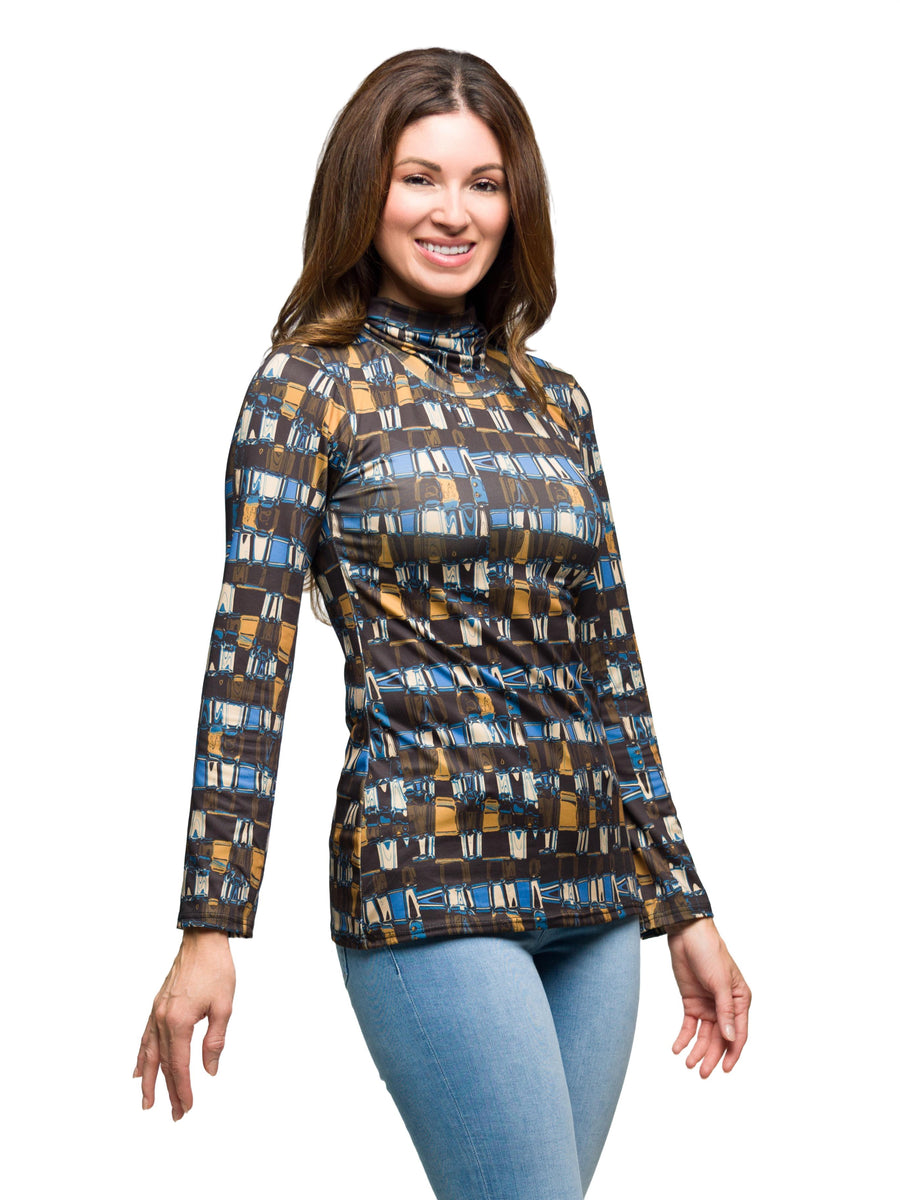 Essential Womens Mock Neck Long Sleeve Printed Top