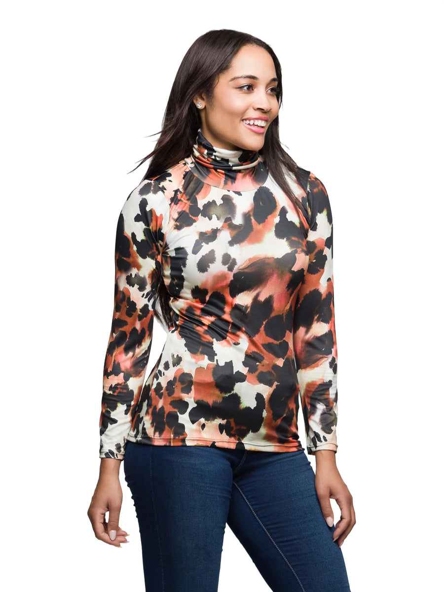 Essential Womens Animal Print Long Sleeve Turtleneck Top