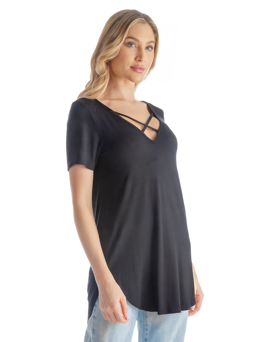 Essential Womens Solid Color Short Sleeve Split Shoulder Top