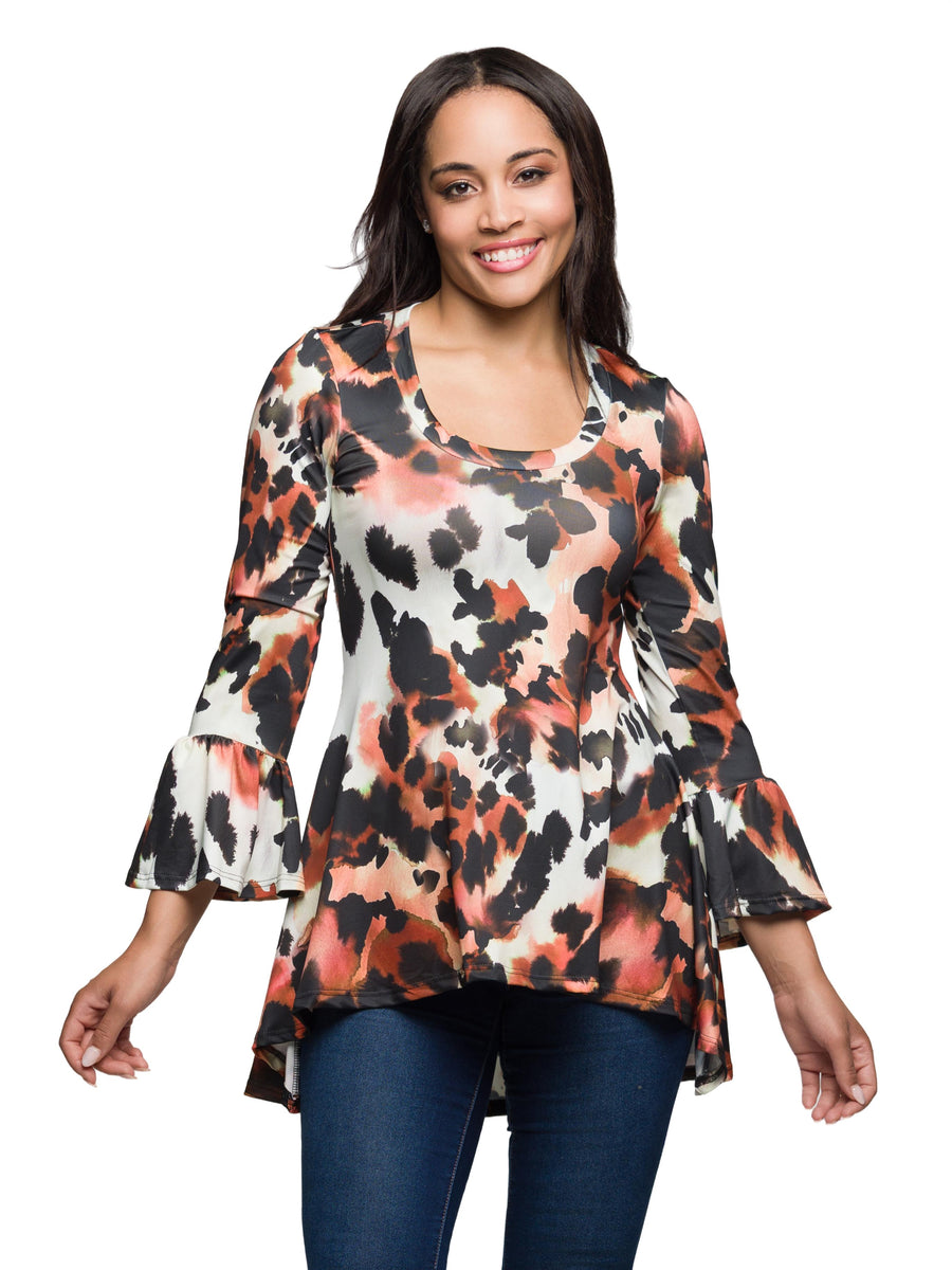 Essential Womens Animal Print Scoop Neck Bell Sleeve Tunic Top