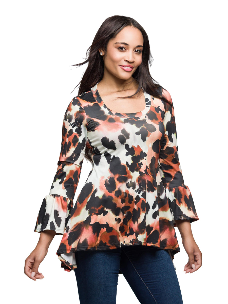 Essential Womens Animal Print Scoop Neck Bell Sleeve Tunic Top