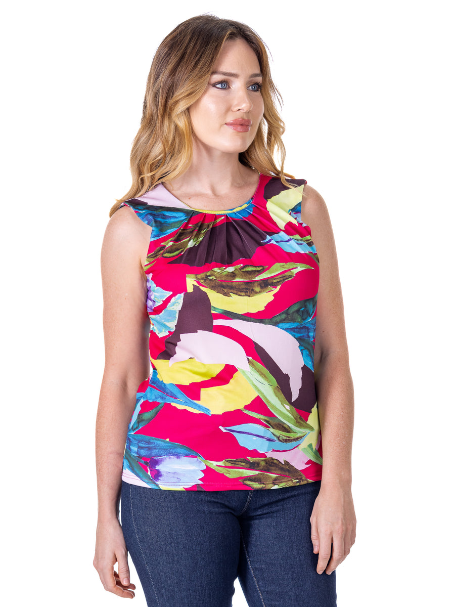 Essential Petite Pleated Crew Neckline Back Closure Sleeveless Top