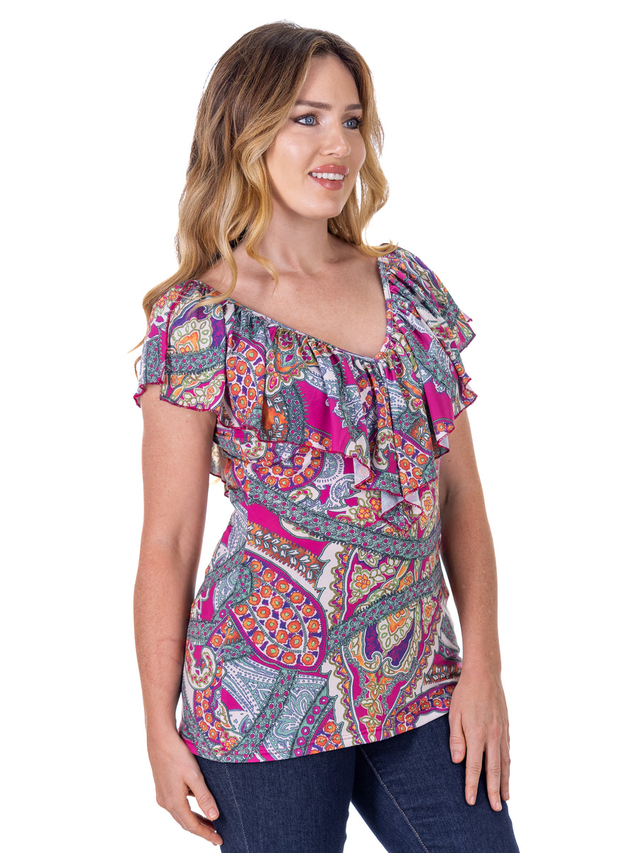 Essential Womens Cap Sleeve Pink Paisley Print Ruffle V Neck Top