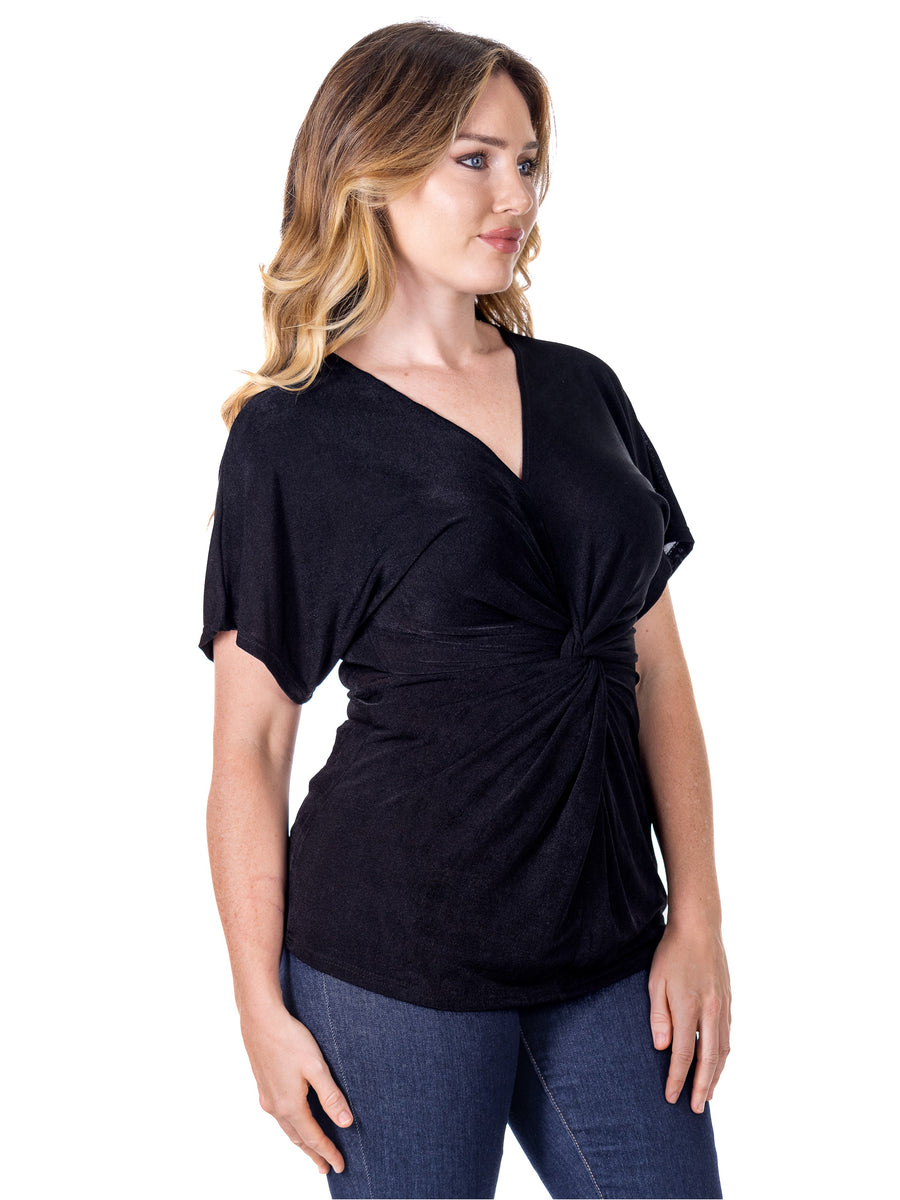 Essential Petite V Neck Knot Front Kimono Sleeve Top
