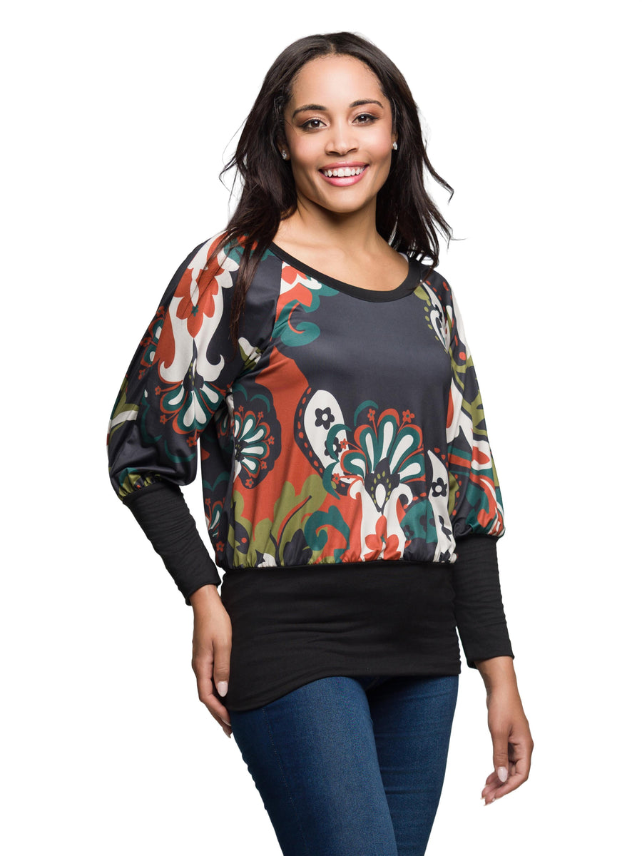 Essential Womens Paisley Multicolor Print Dolman Sleeve Banded Top