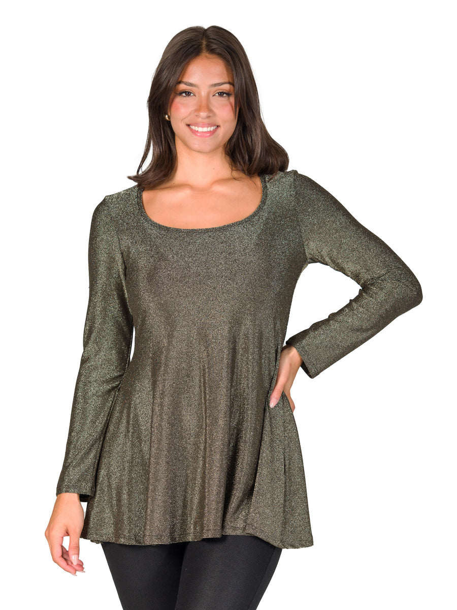 Elevate Womens Scoop Neck Long Sleeve Shimmery Fabric Tunic Top