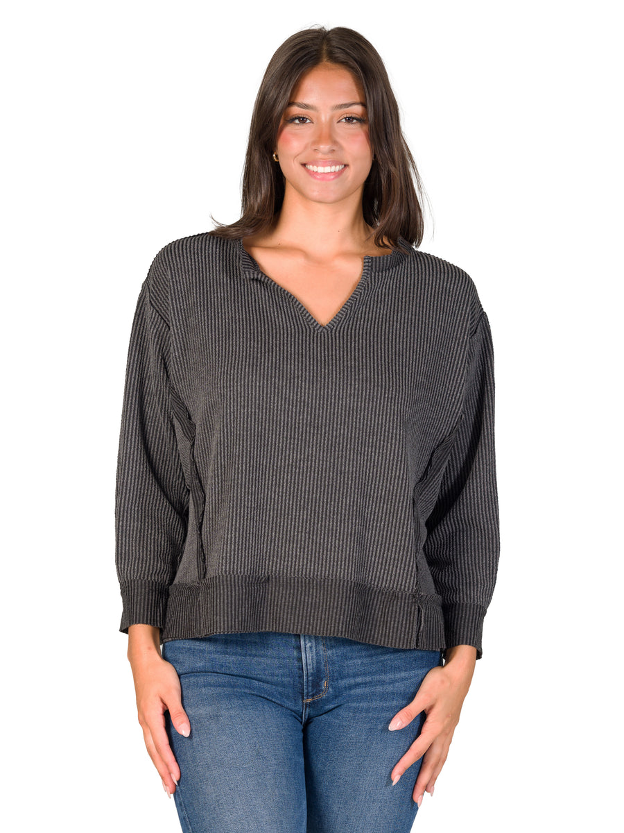 Essential Womens Relaxed Fit Ribbed Knit V Neck Sweatshirt Top