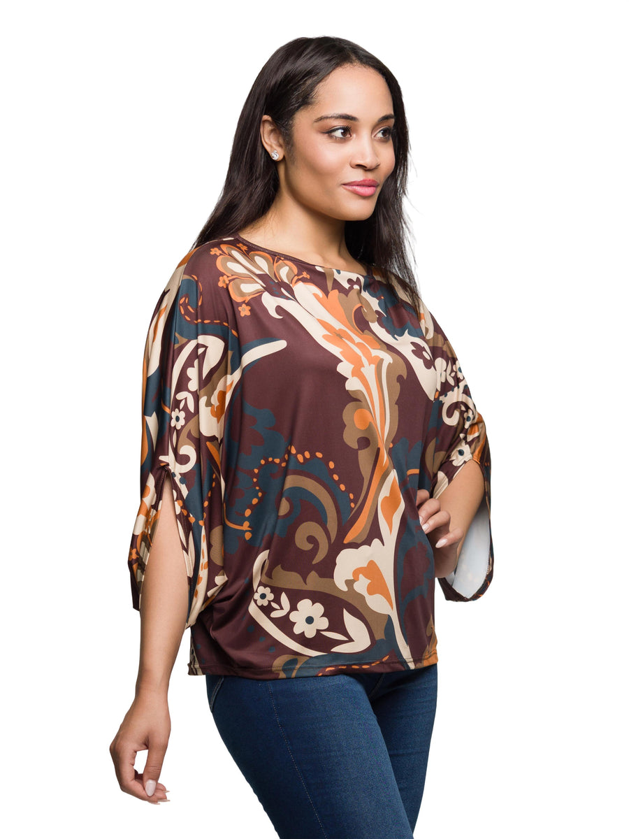Essential Womens Brown Paisley Print Dolman Sleeve Top