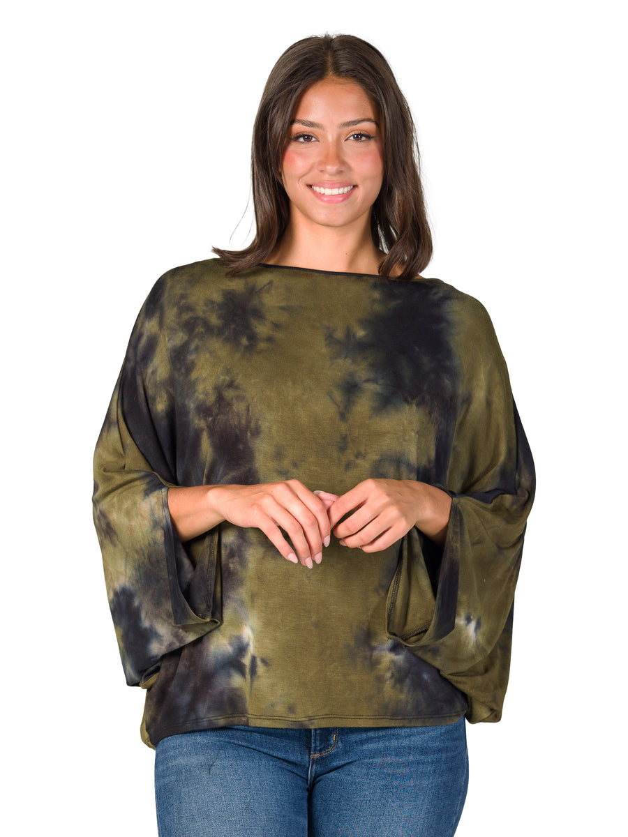 Essential Womens Green Tie Dye Batwing Sleeve Relaxed Fit Top