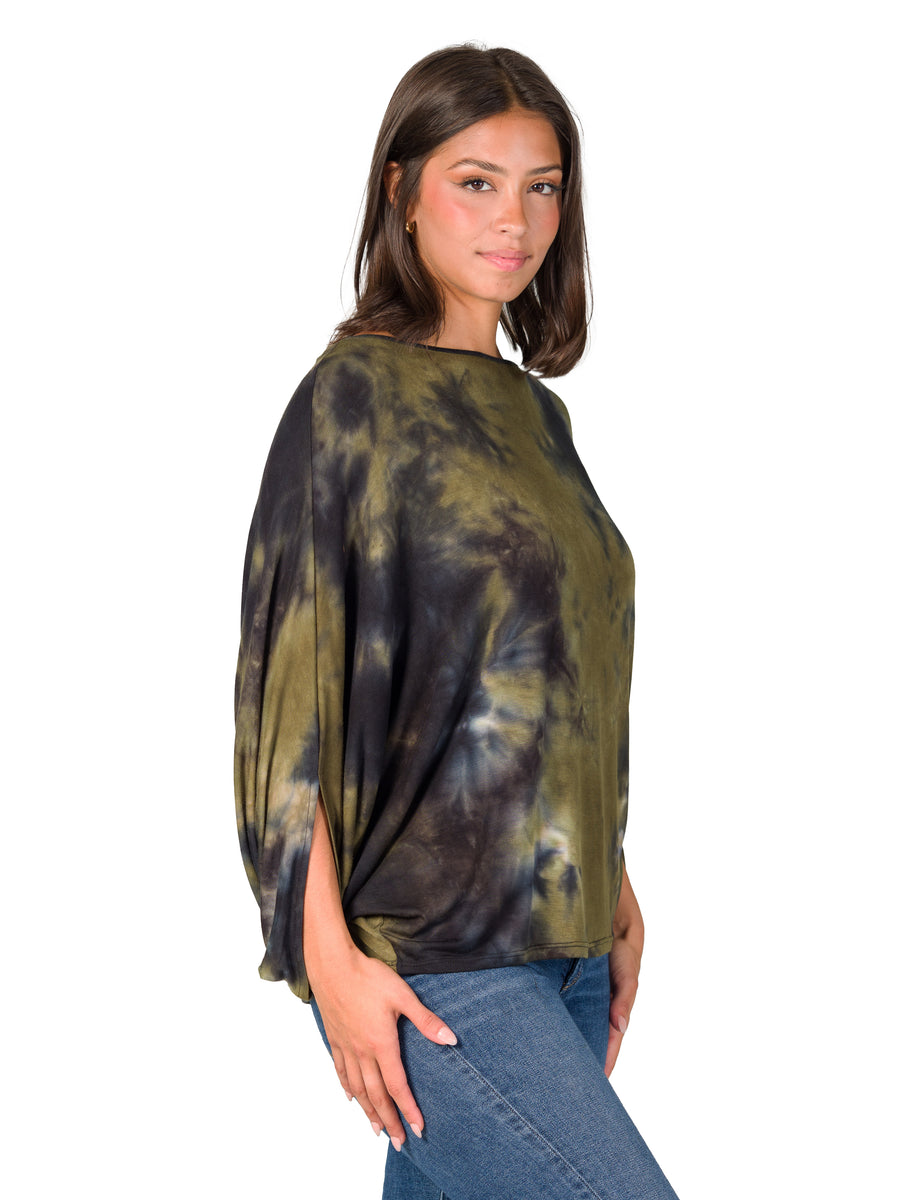 Essential Womens Green Tie Dye Batwing Sleeve Relaxed Fit Top