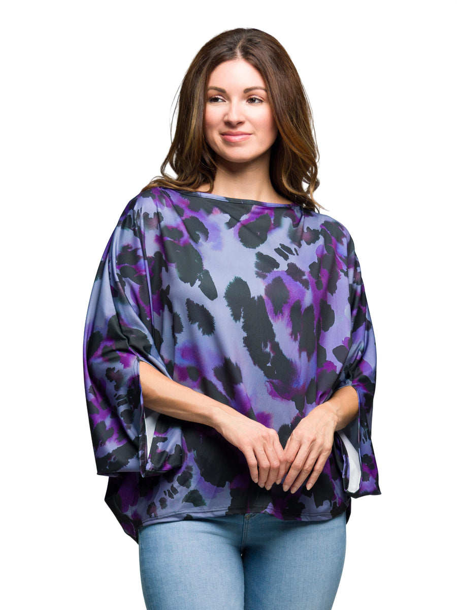 Essential Womens Purple Animal Print Boat Neck Dolman Sleeve Top