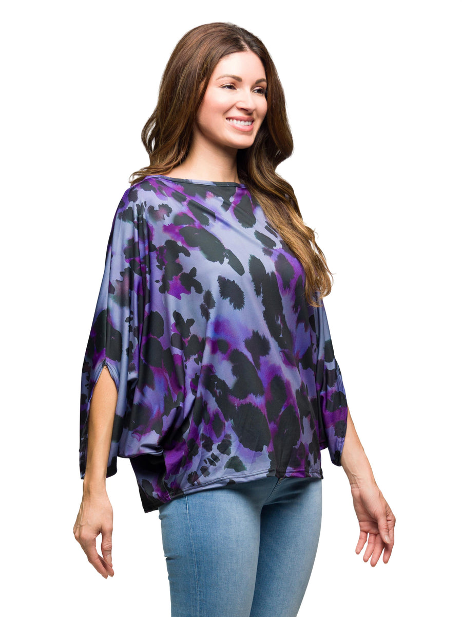 Essential Womens Purple Animal Print Boat Neck Dolman Sleeve Top