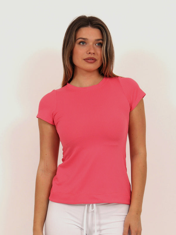 Basic Womens Ribbed Knit Round Neck Short Sleeve Top