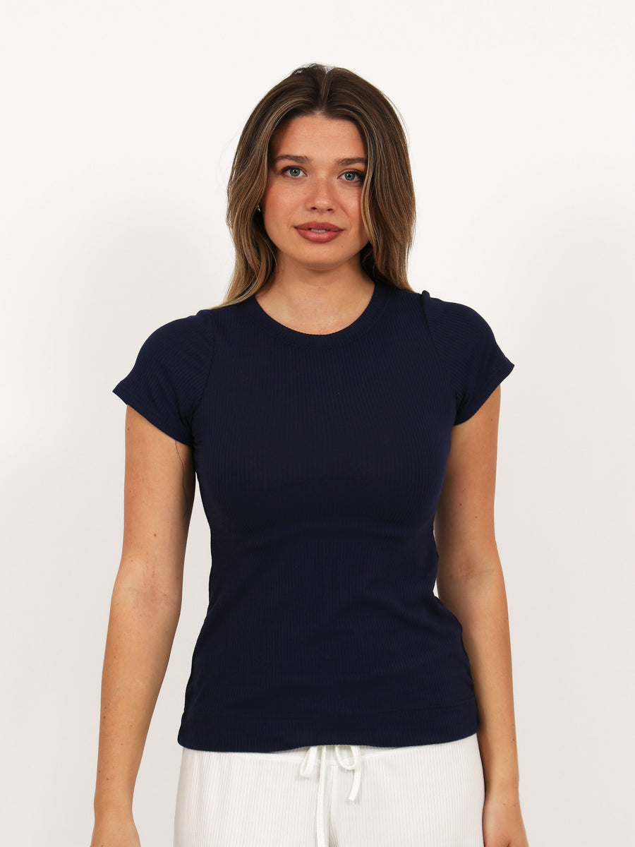 Basic Womens Ribbed Knit Round Neck Short Sleeve Top