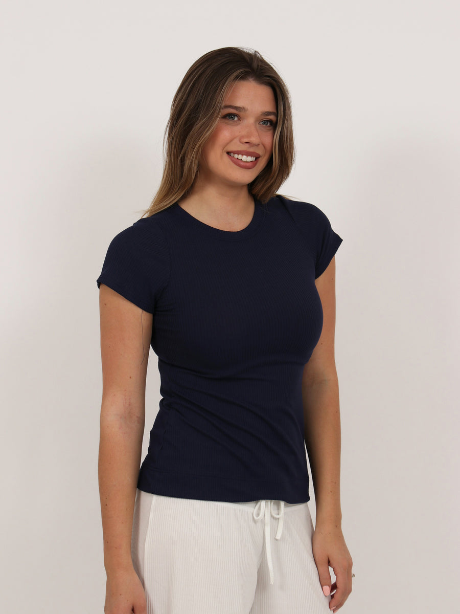 Basic Womens Ribbed Knit Round Neck Short Sleeve Top