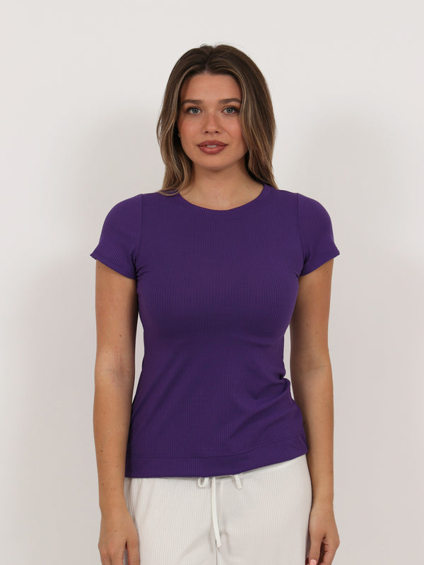 Basic Womens Ribbed Knit Round Neck Short Sleeve Top