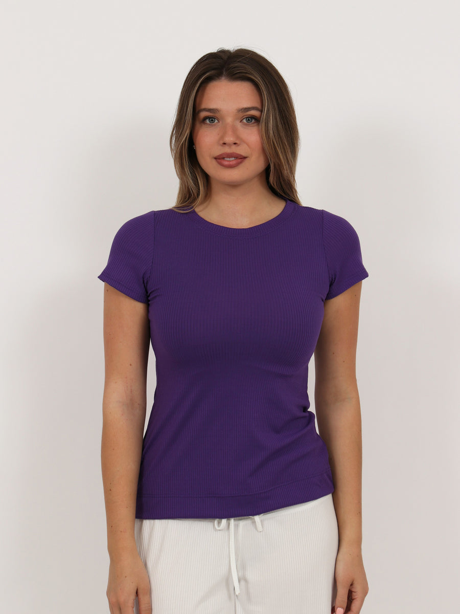 Basic Womens Ribbed Knit Round Neck Short Sleeve Top