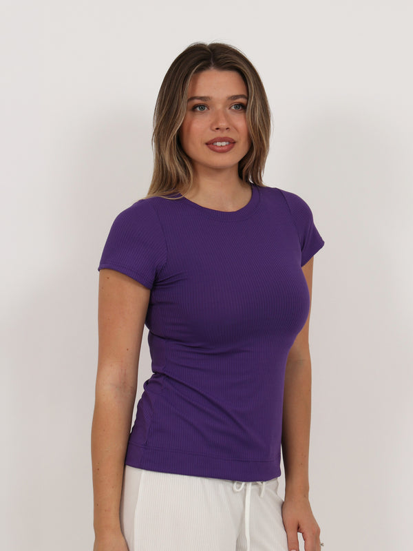 Basic Womens Ribbed Knit Round Neck Short Sleeve Top