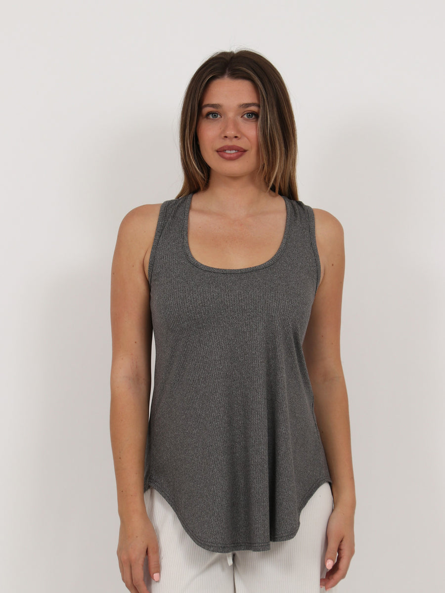 Basic Womens Ribbed Knit Sleeveless Scoop Neck Long Flared Tank Top