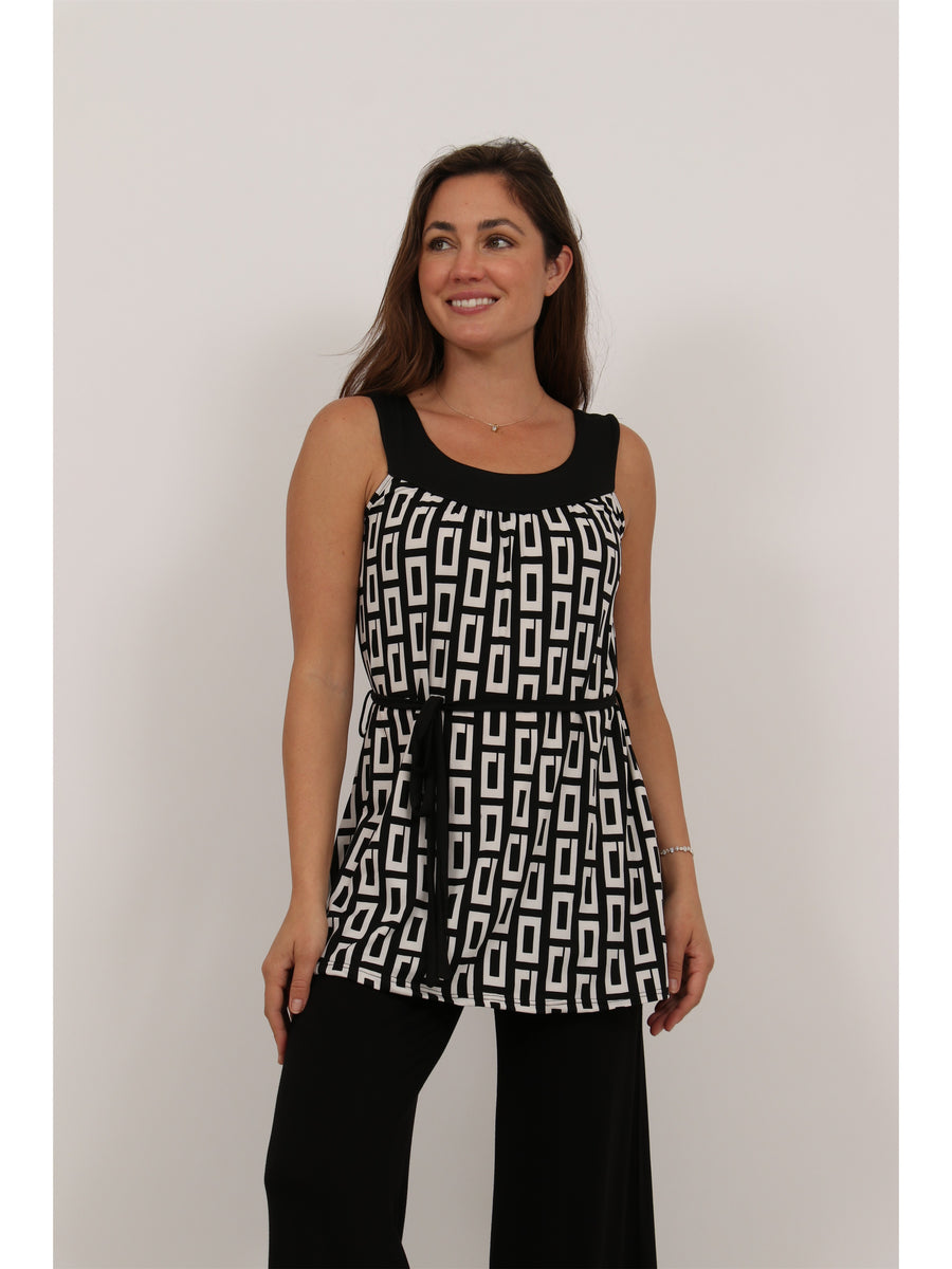 Essential Womens Geometric Print Round Neck Sleeveless Waist Tie Top