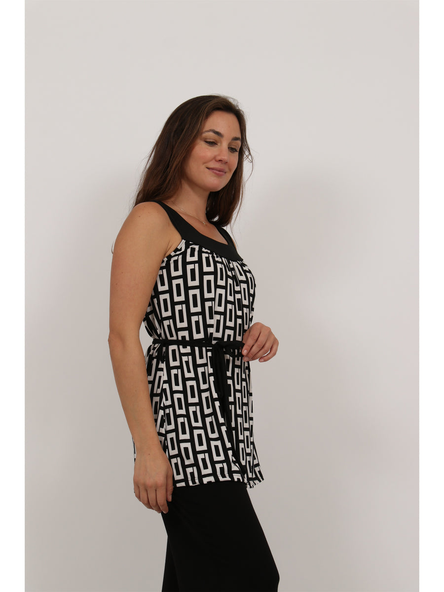 Essential Womens Geometric Print Round Neck Sleeveless Waist Tie Top