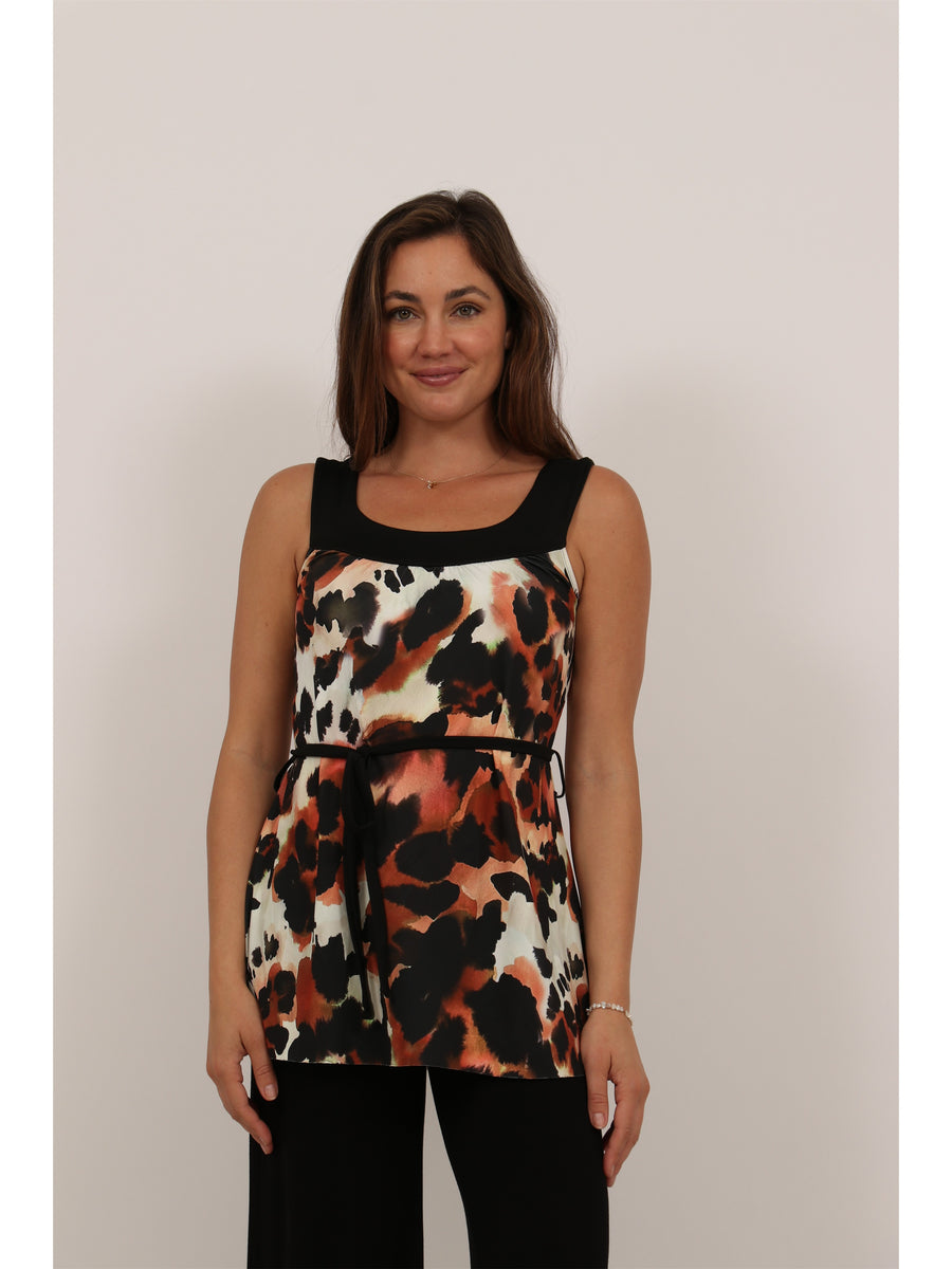Essential Womens Cheetah Print Round Neck Sleeveless Waist Tie Top