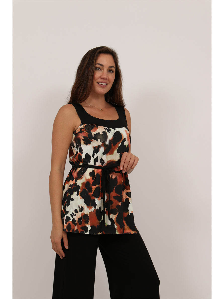 Essential Womens Cheetah Print Round Neck Sleeveless Waist Tie Top
