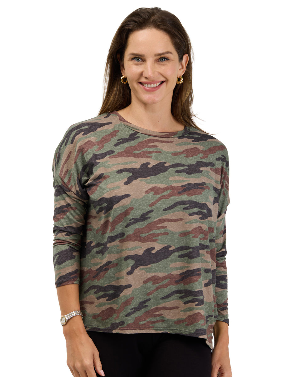 24seven Comfort Essential Womens Soft Stretch Camouflage Print Three-Quarter Sleeve Top