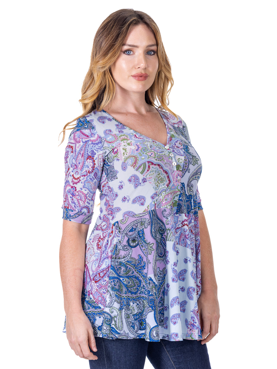 Essential Womens Paisley Elbow Sleeve V Neck Henley Tunic Top