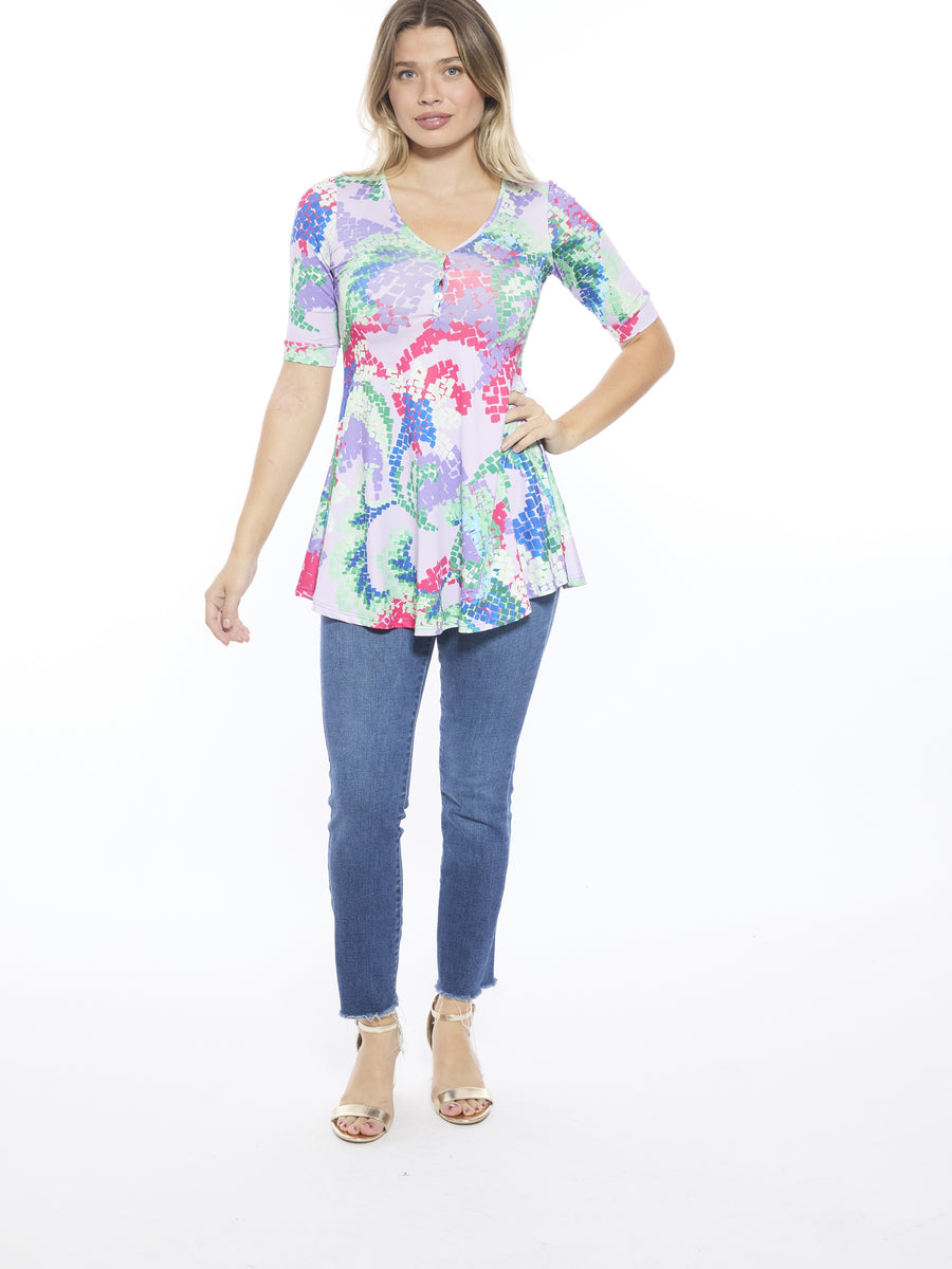 Essential Womens Abstract V Neck Elbow Sleeve Henley Tunic Top