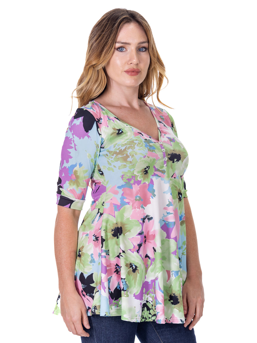 Essential Womens Pastel Floral Elbow Sleeve V Neck Henley Tunic Top