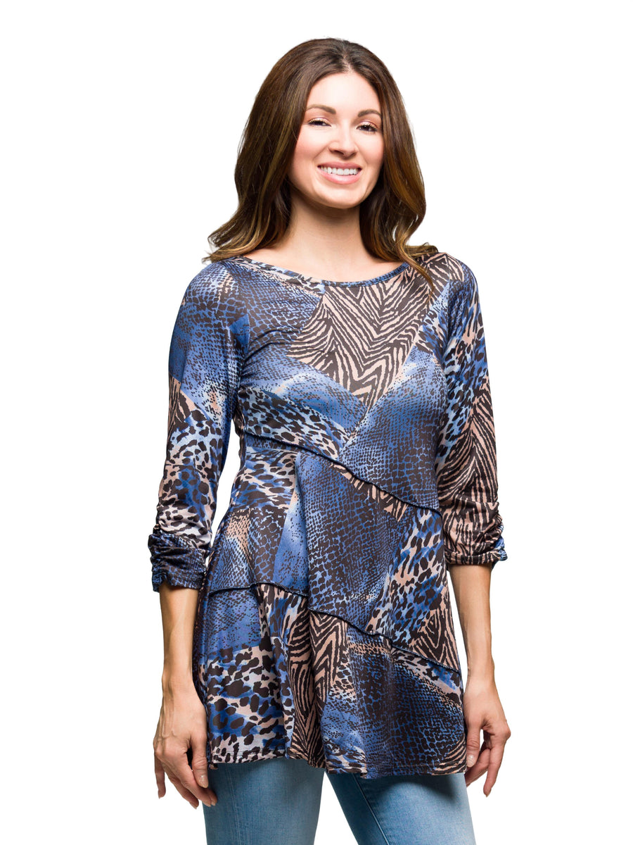 Essential Womens Blue Animal Print Three Quarter Sleeve Tunic Top