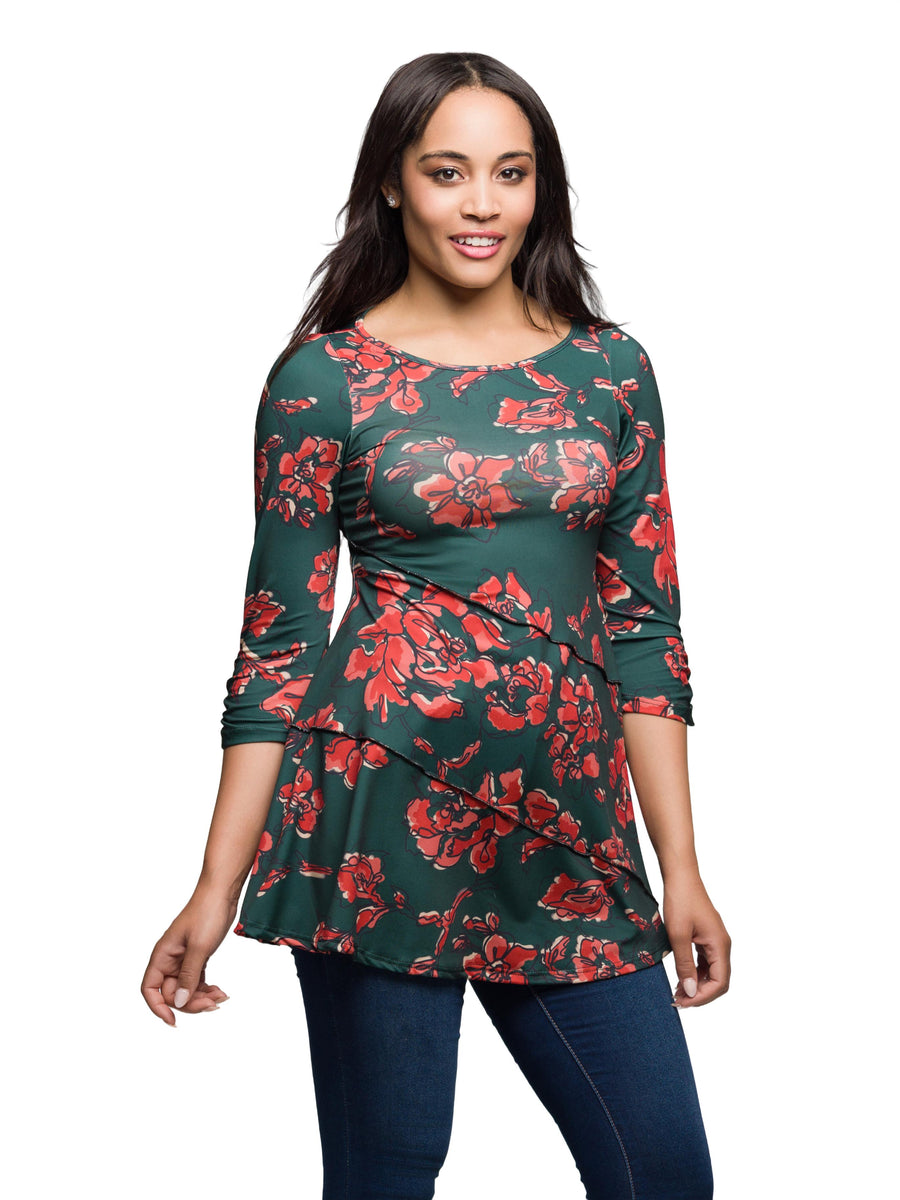 Essential Womens Green Floral Print Three Quarter Sleeve Tunic Top