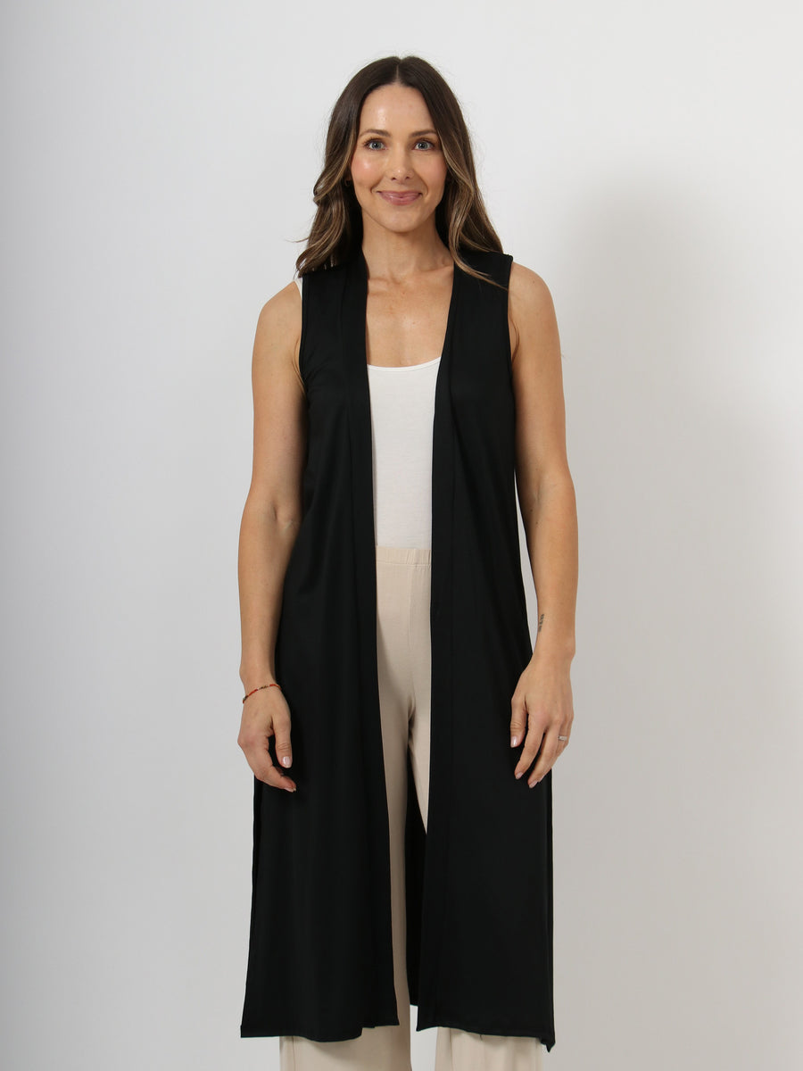 Basic Womens Sleeveless  Side Slit Long Jacket