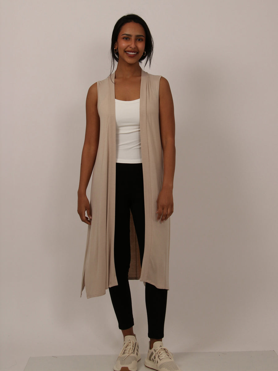 Basic Womens Sleeveless  Side Slit Long Jacket