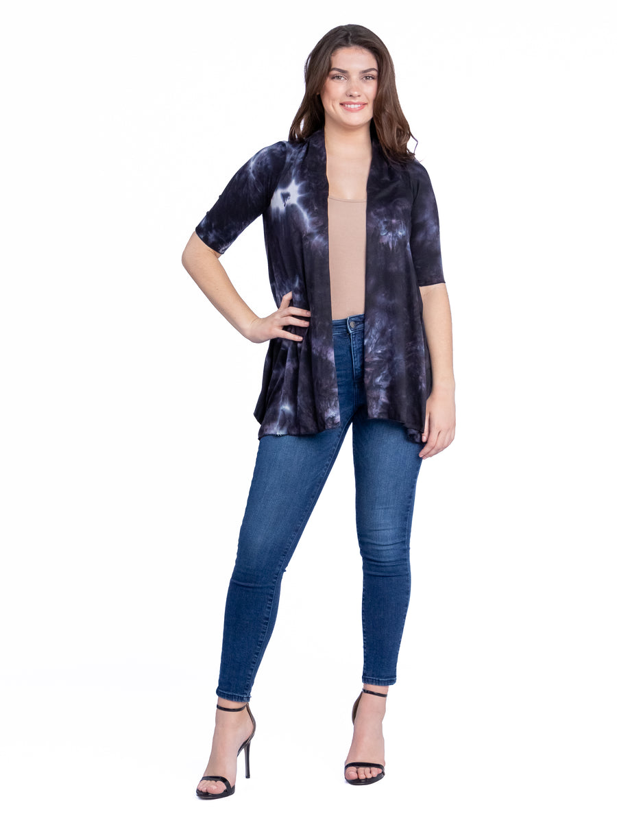 Essential Womens Tie Dye Elbow Sleeve Open Front Jacket