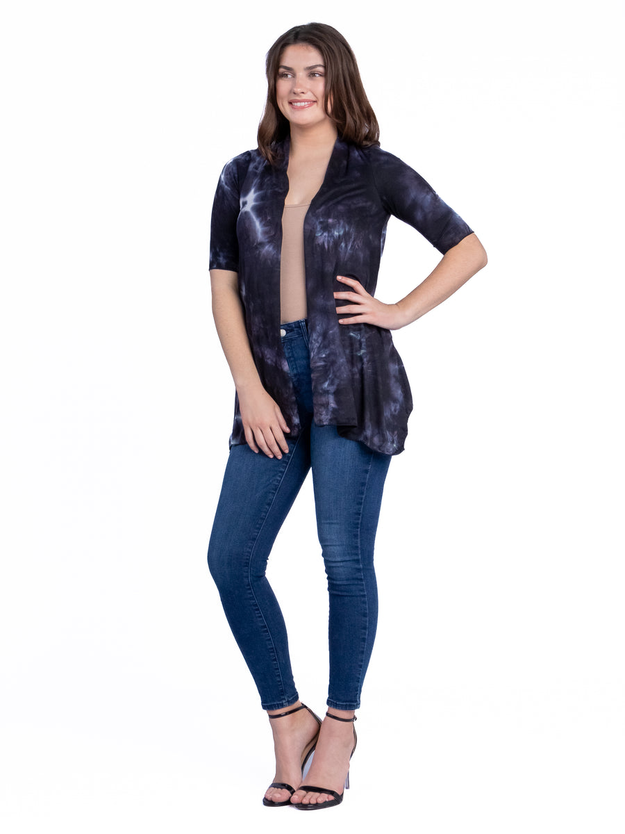 Essential Womens Tie Dye Elbow Sleeve Open Front Jacket